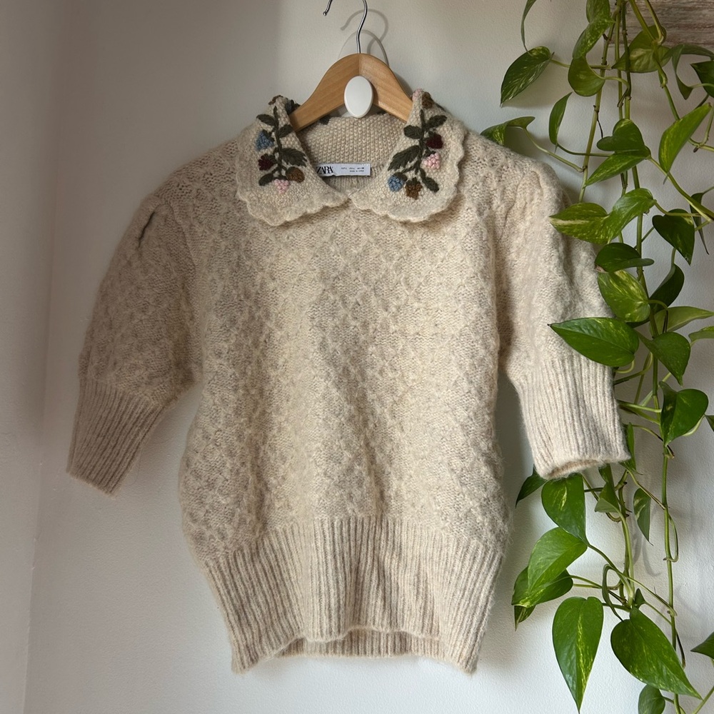 Zara Cream Knit Sweater with Floral Embroidered Collar